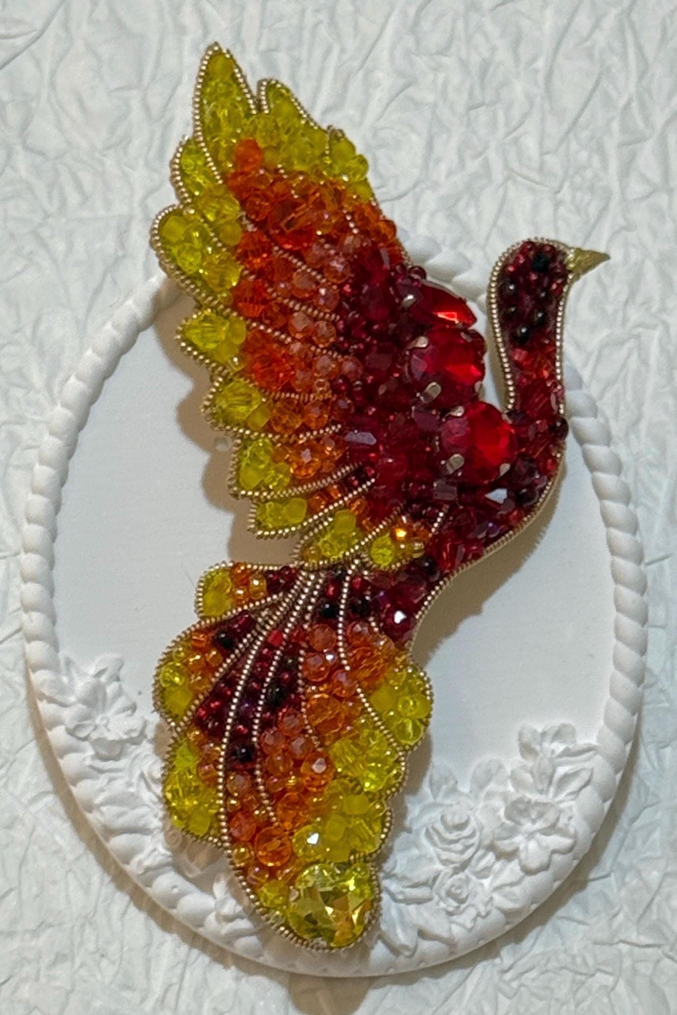 Handmade Beaded Phoenix Brooch: Red, Orange, Yellow Crystal Bird Pin