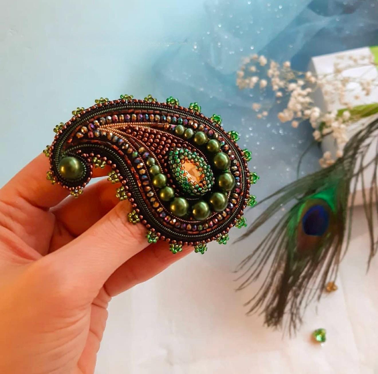 Beaded Paisley Brooch Pin: Crystal Pearl Bohemian Lapel Accessory