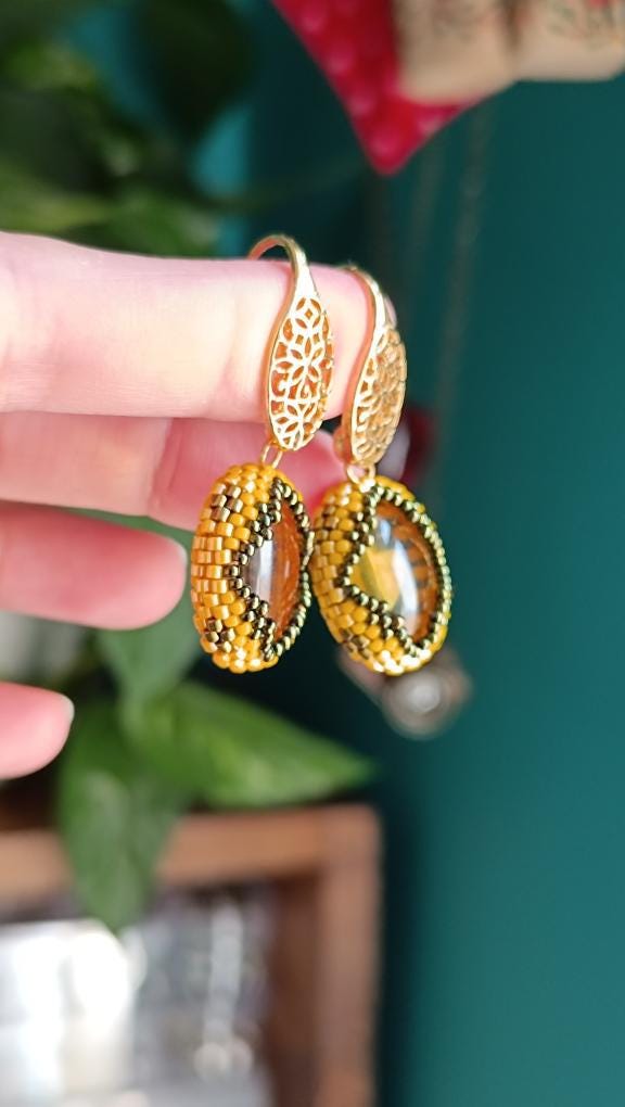 Elegant Yellow Garnet Earrings | Handmade Beaded Earrings | Statement Jewelry