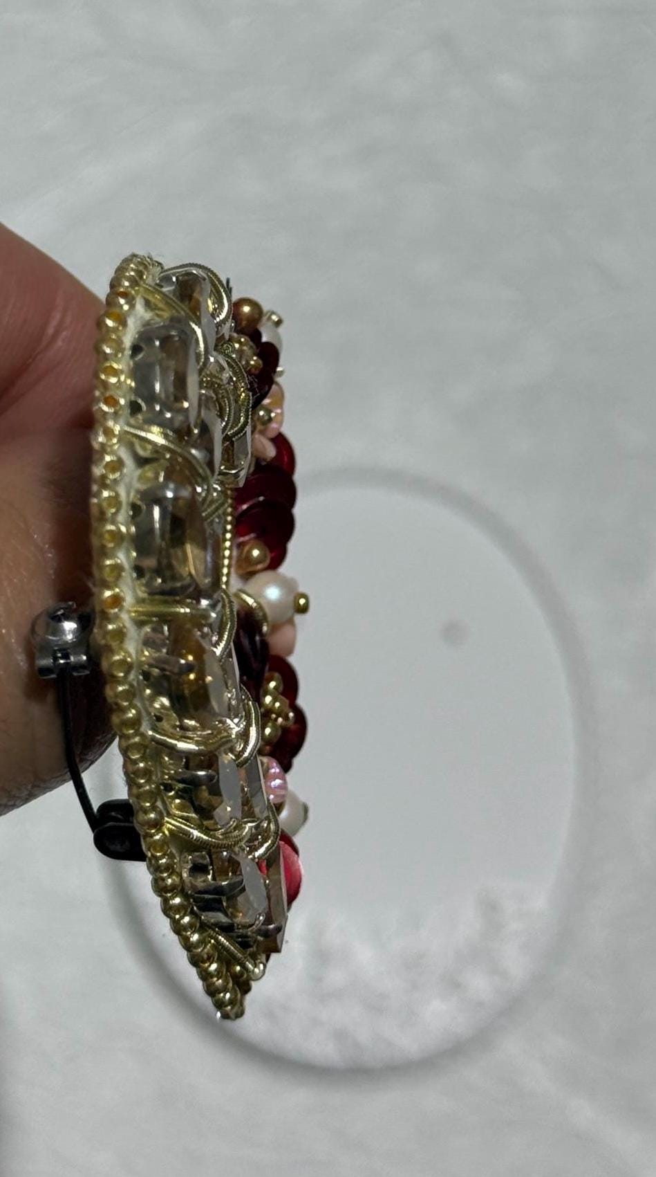 Handmade Beaded Heart Brooch: Gold & Red Valentine's Day Pin