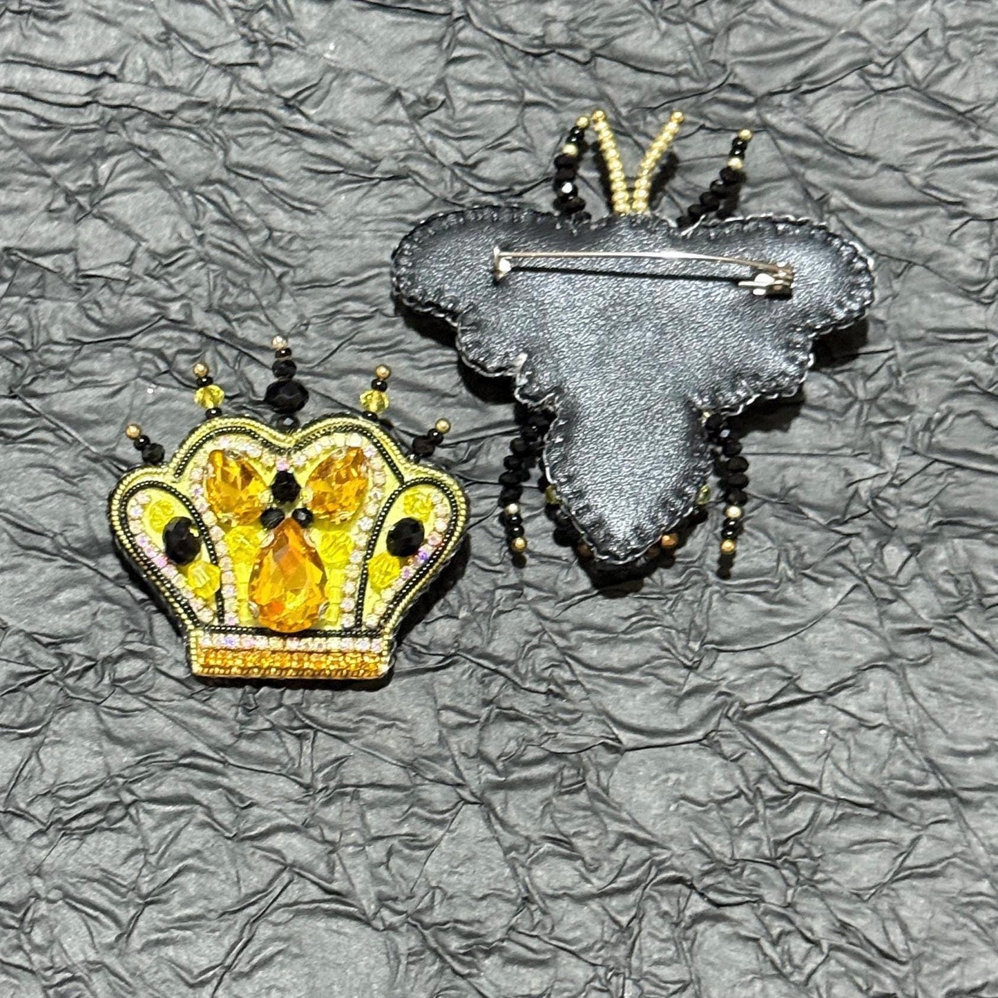 Handmade Beaded Bee and Crown Brooch Set: Yellow Crystal Pins