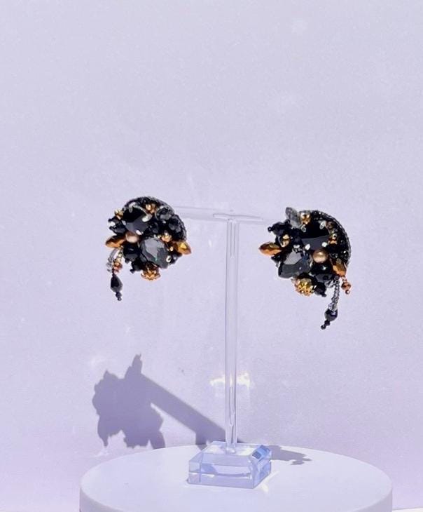Black & Gold Beaded Headband and Earrings Set: Handmade Crystal Jewelry