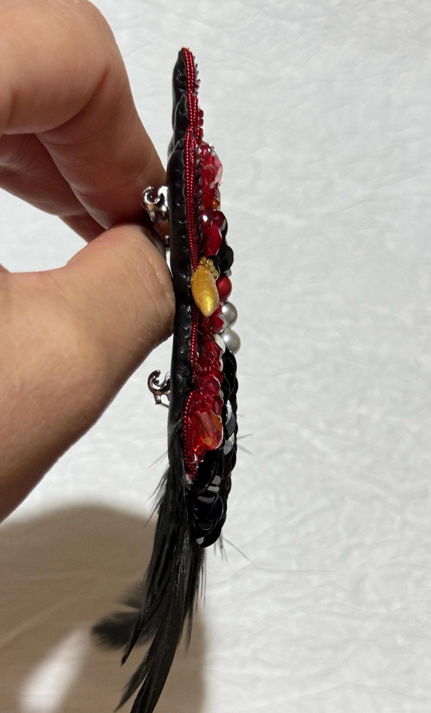 Handmade Beaded Rooster Brooch: Feather Embroidered Farm Pin