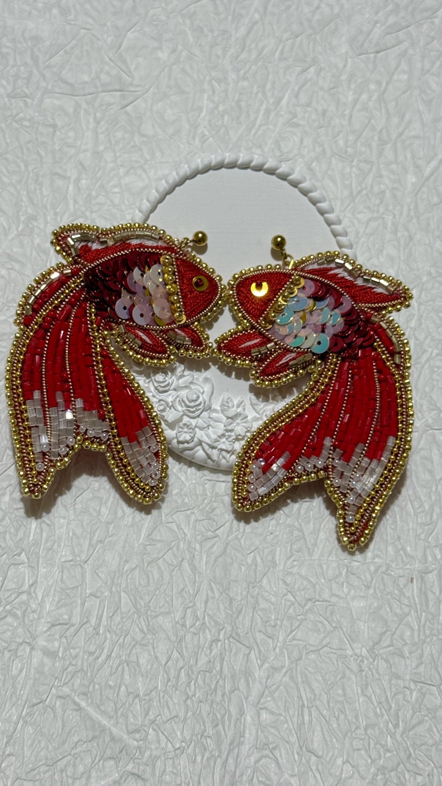 Handmade Beaded Goldfish Earrings: Red Sequin Statement Jewelry