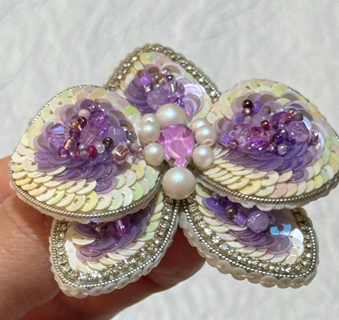 Handmade Beaded Orchid Brooch: Sequin Pearl Floral Pin