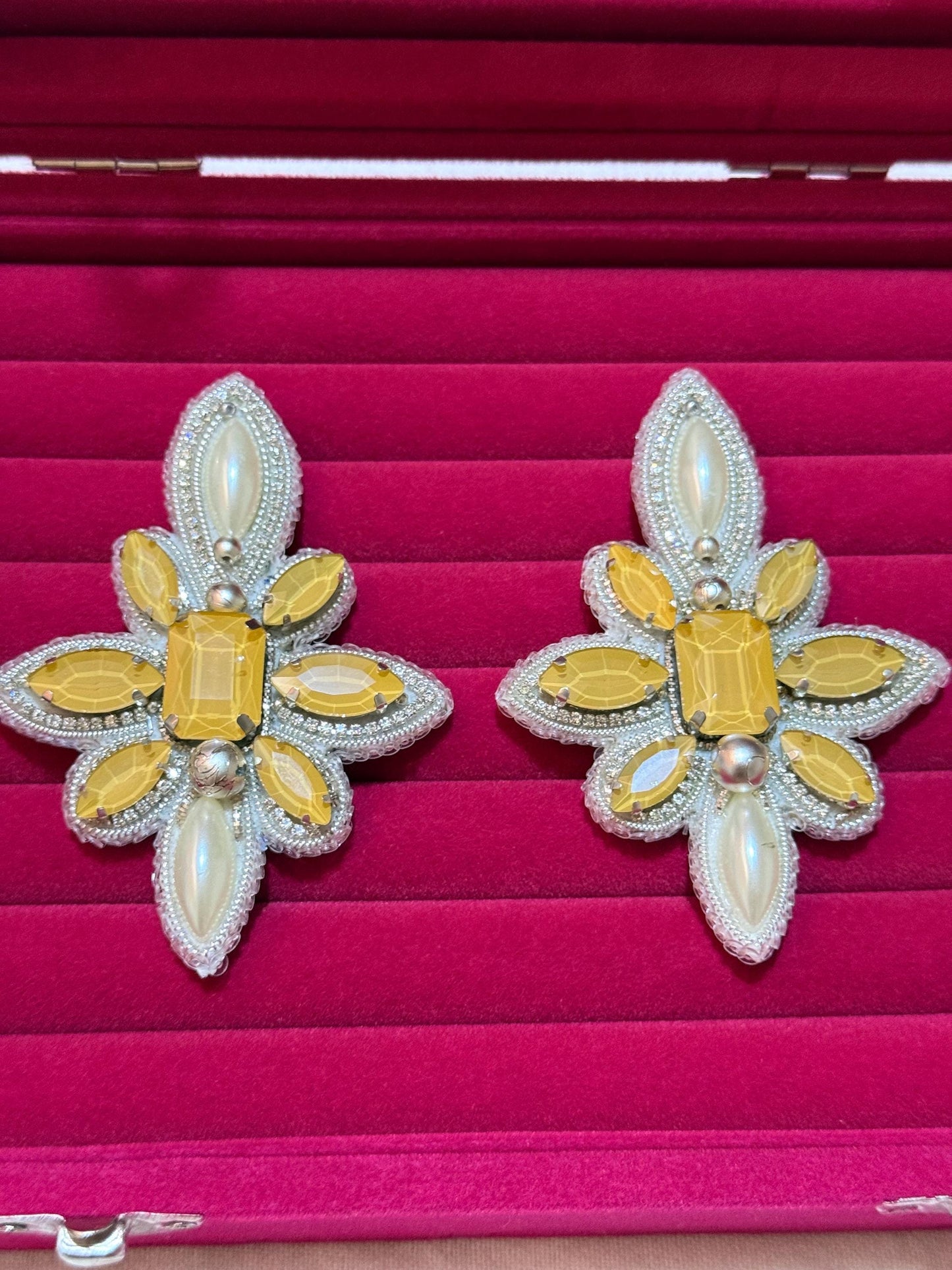 Handmade Beaded Flower Earrings, Yellow Gem Pearl Dangles