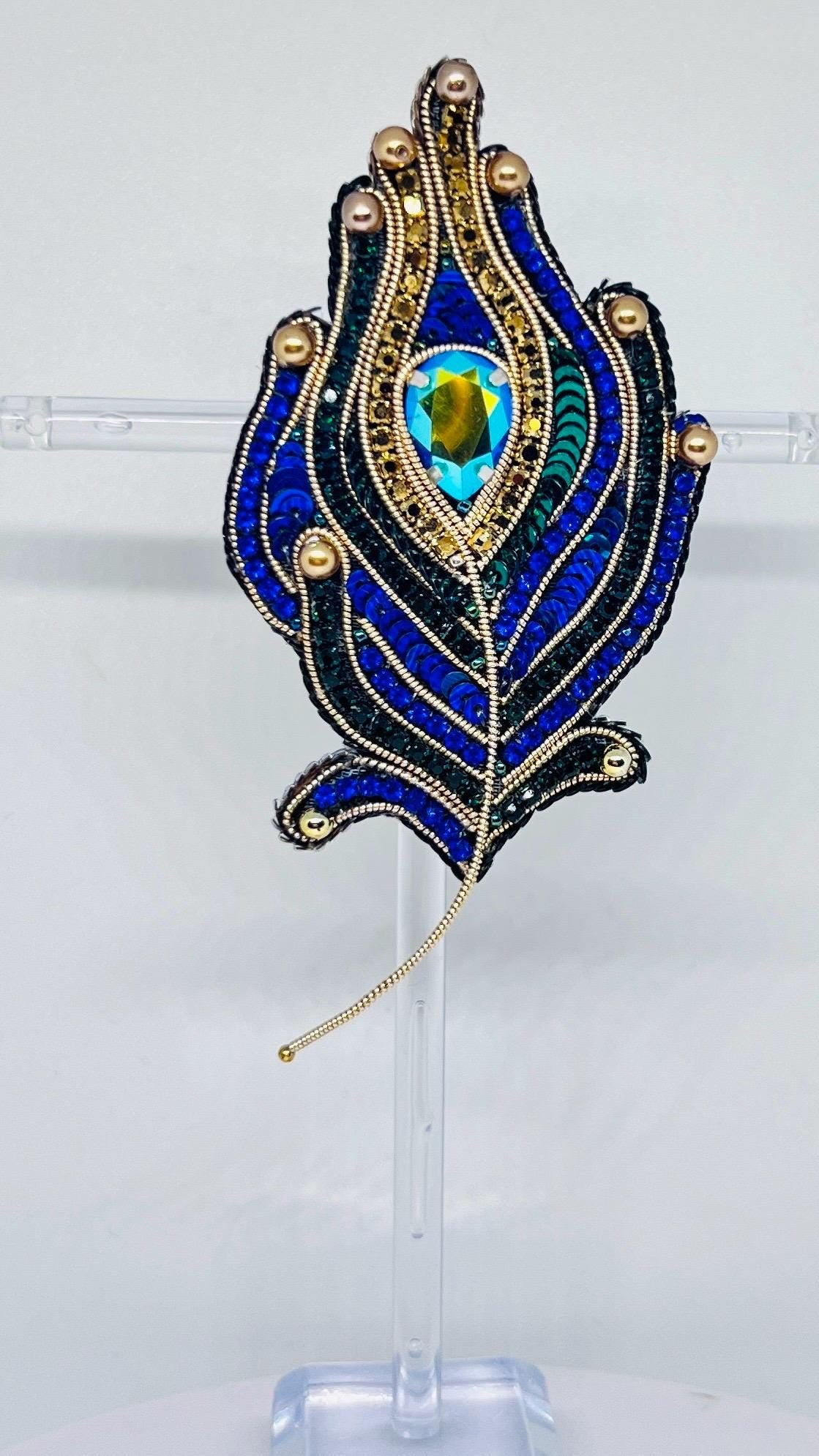 Peacock Feather Brooch Handmade Beaded Elegant Jewelry