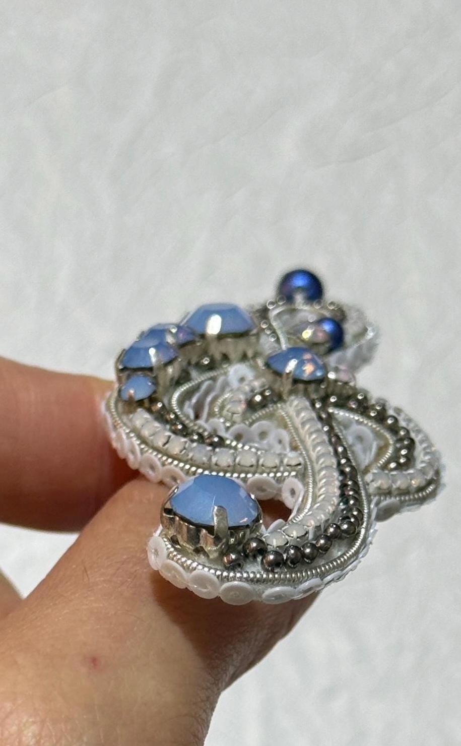 Handmade Beaded Treble Clef Brooch: Blue Silver Music Jewelry