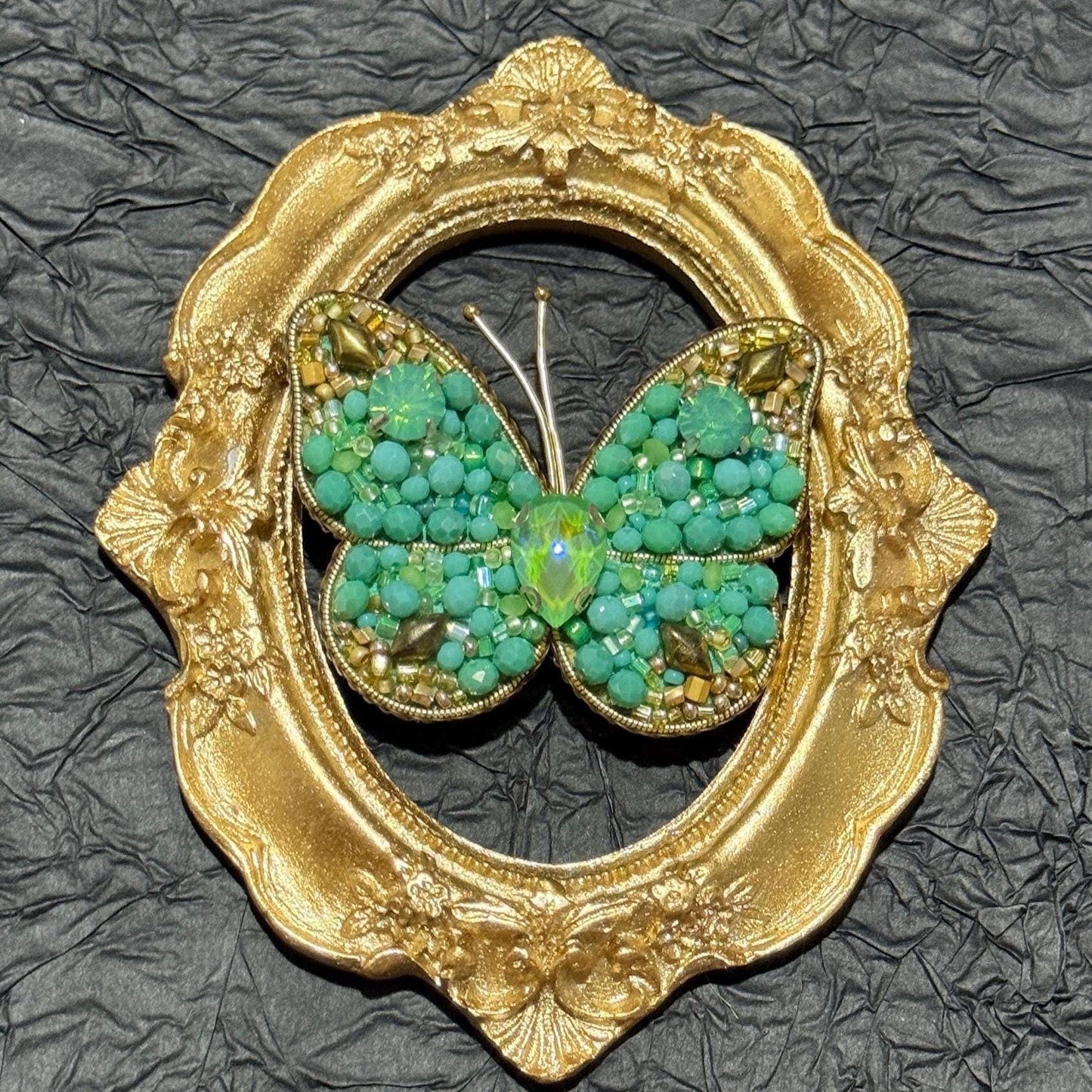 Handmade Green Crystal Butterfly Brooch: Beaded Statement Pin