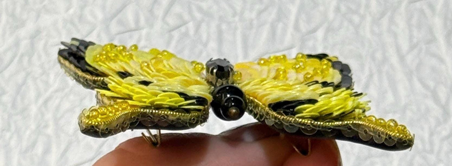 Handmade Yellow Butterfly Brooch: Beaded Embroidered Pin