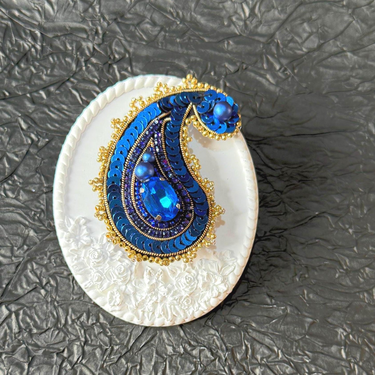 Handmade Blue Paisley Brooch: Beaded Indian Style Statement Pin