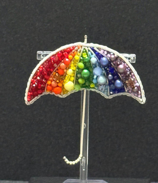 Handmade Rainbow Umbrella Brooch: Beaded Pride Pin