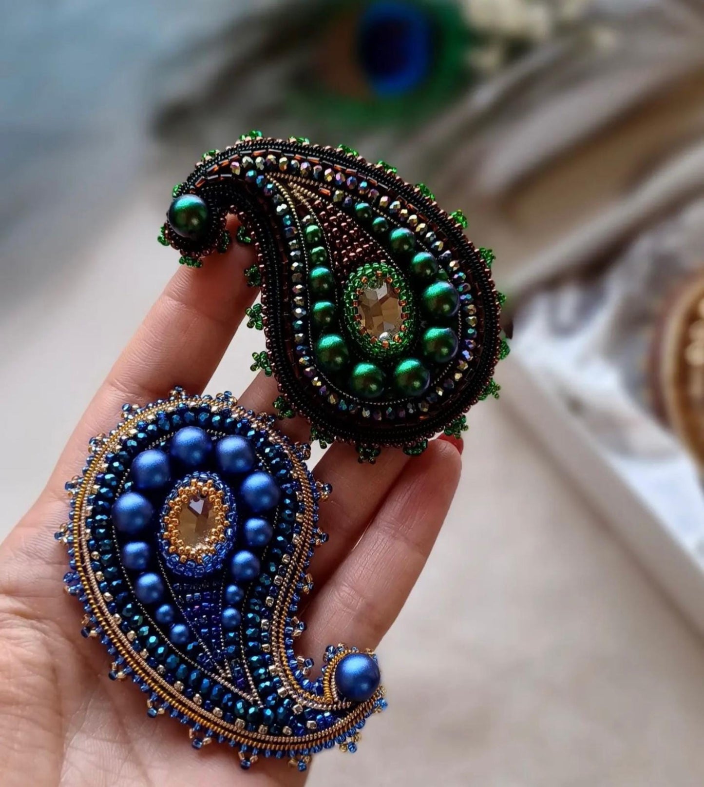 Beaded Paisley Brooch Pin: Crystal Pearl Bohemian Lapel Accessory