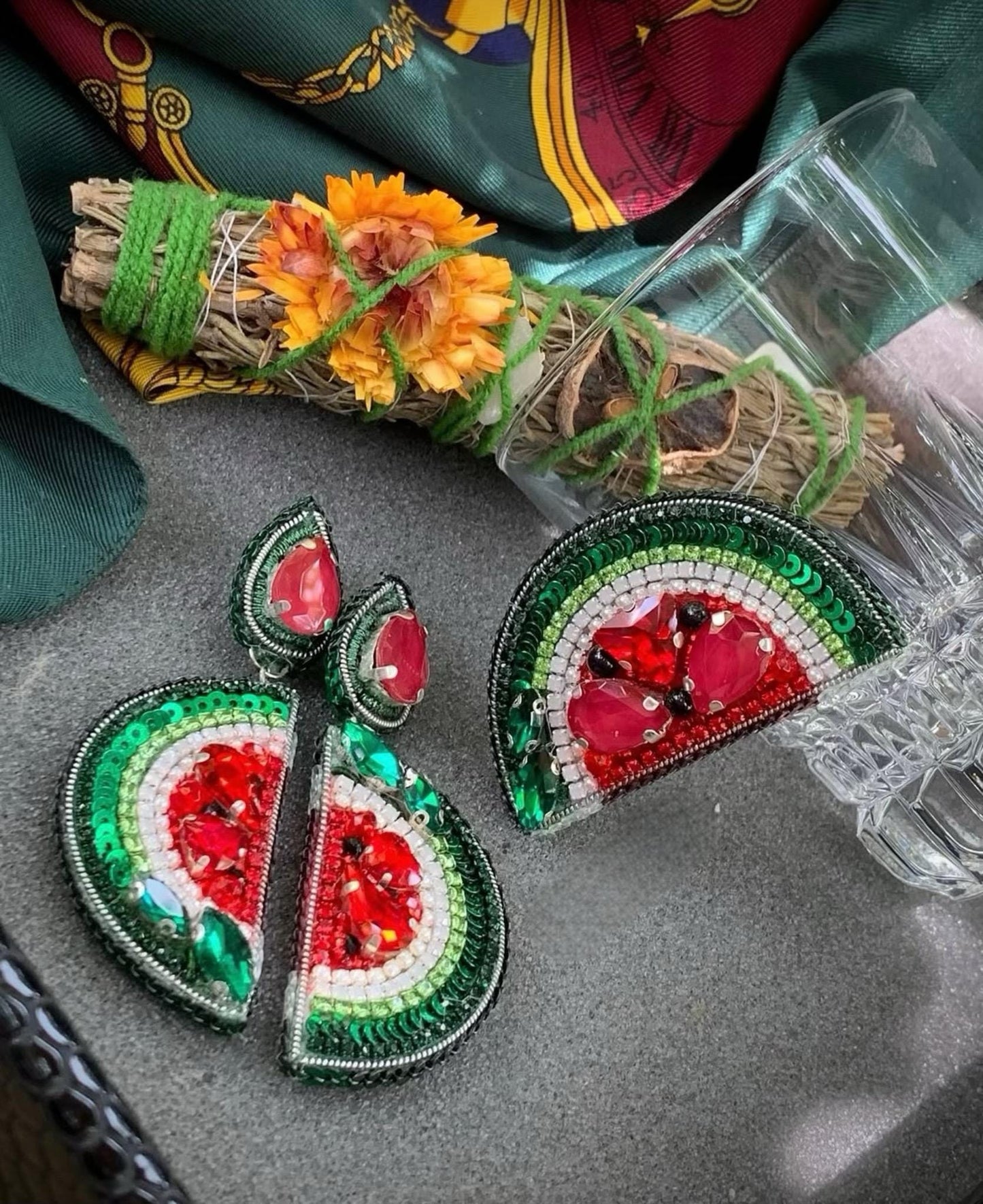 Handmade Watermelon Slice Earrings: Beaded Rhinestone Summer Jewelry