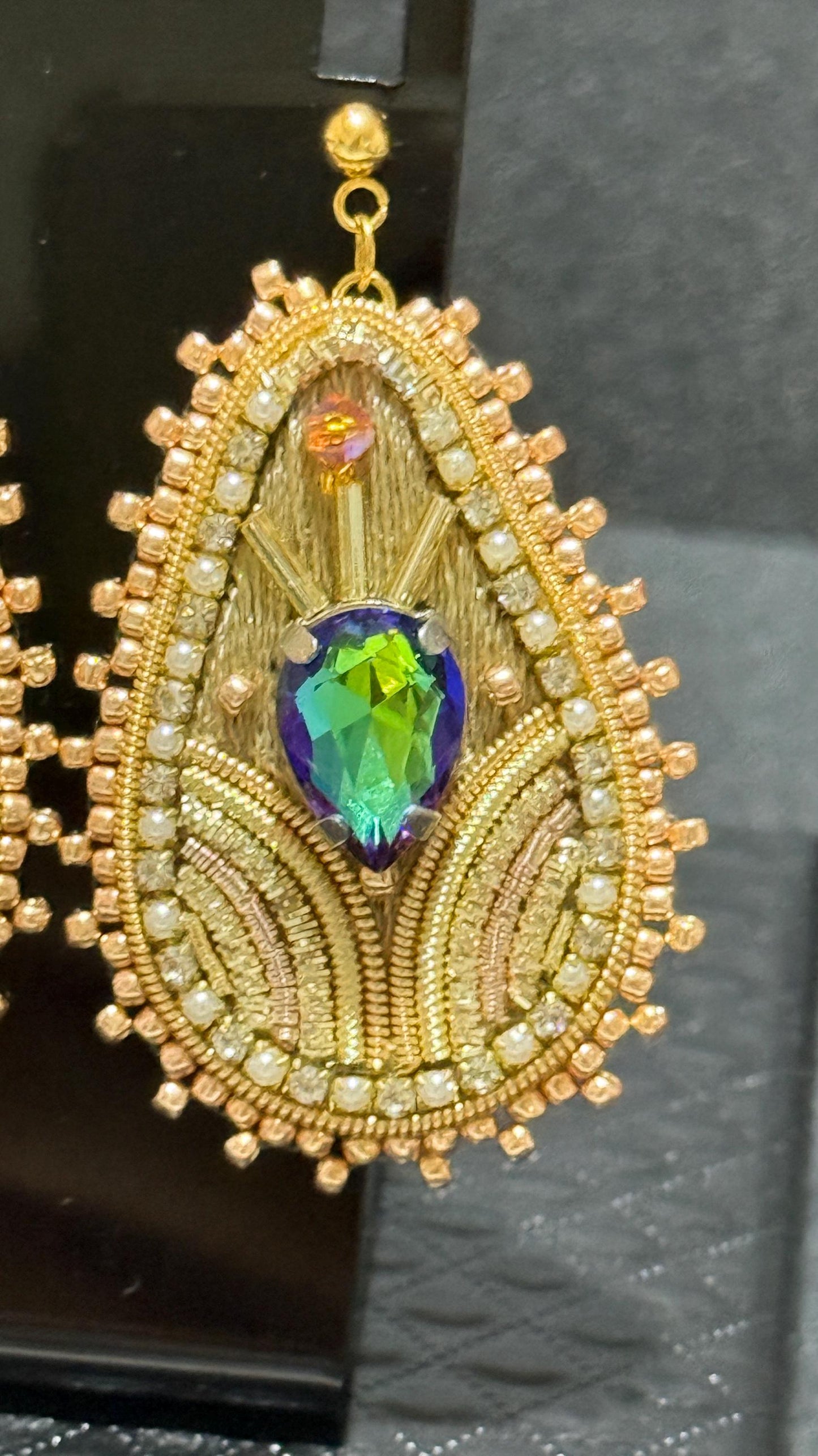 Handmade Gold Teardrop Earrings: Beaded Crystal Embroidered Statement Jewelry