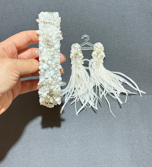Handmade Bridal Headband and Earrings Set: Pearls, Crystals, Feathers
