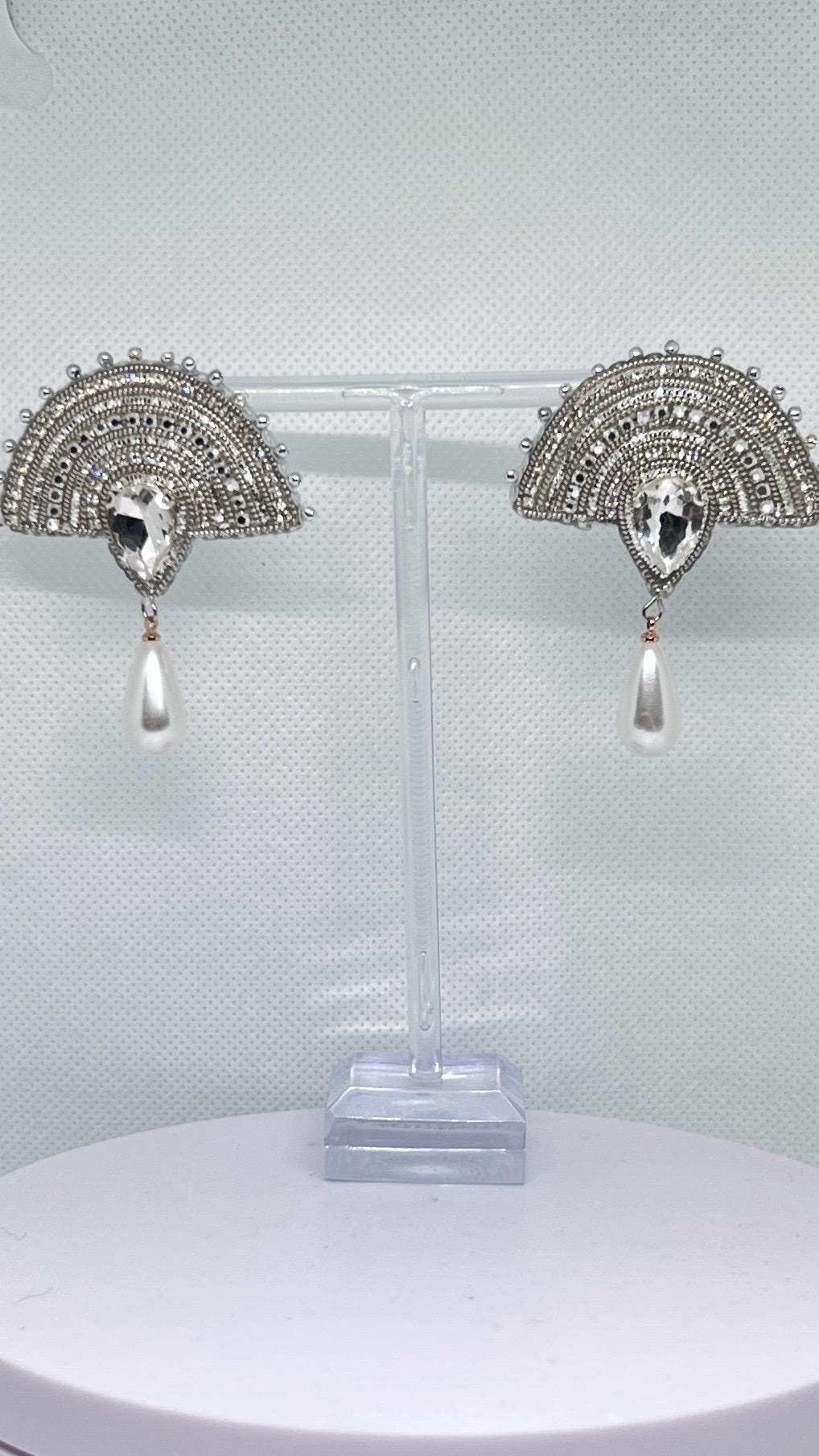Handmade Pearl Fan Earrings: Crystal Bridal Drop Jewelry