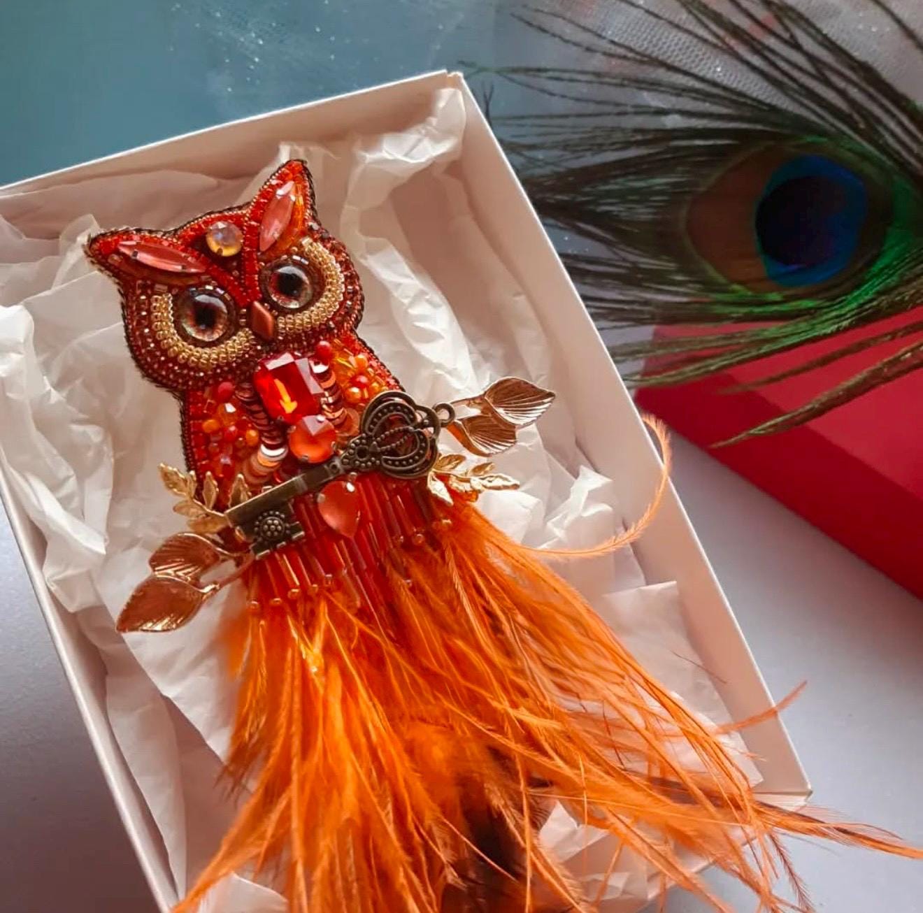 Handcrafted Beaded Owl Brooch: Orange Feathers, Embroidered Key Pin