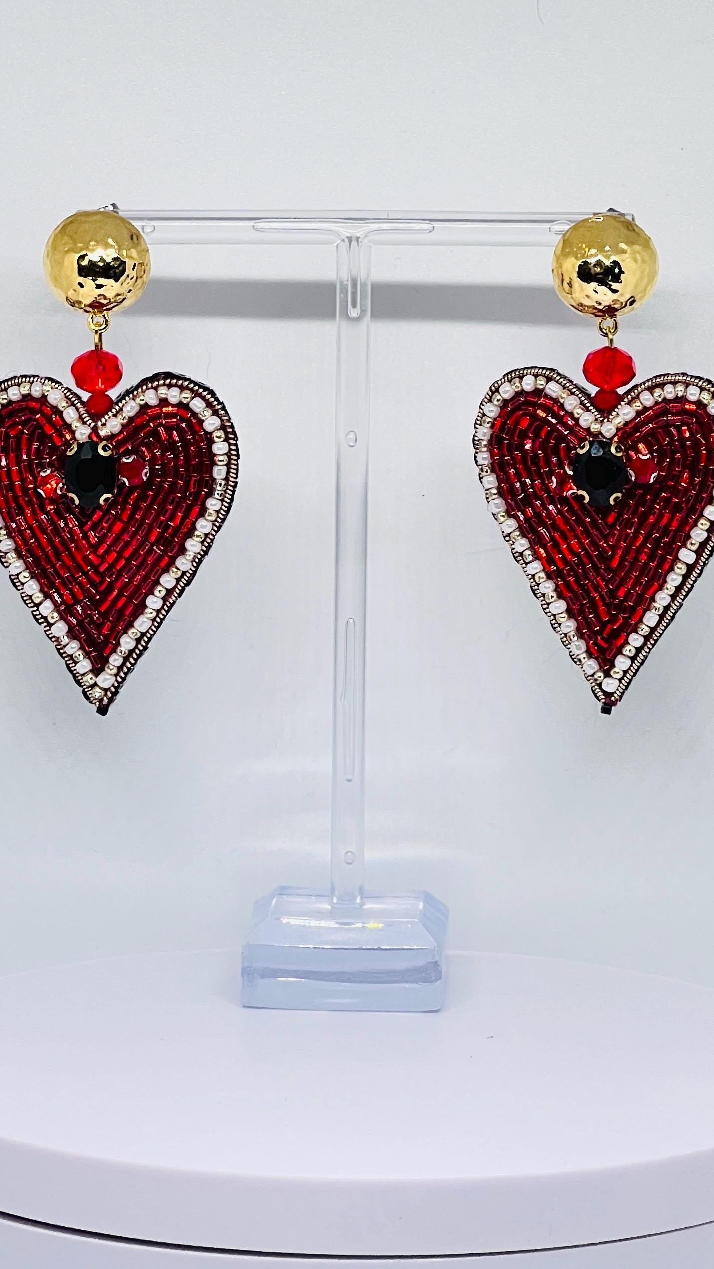 Handmade Red Heart Beaded Earrings: Pearl Crystal Statement Jewelry