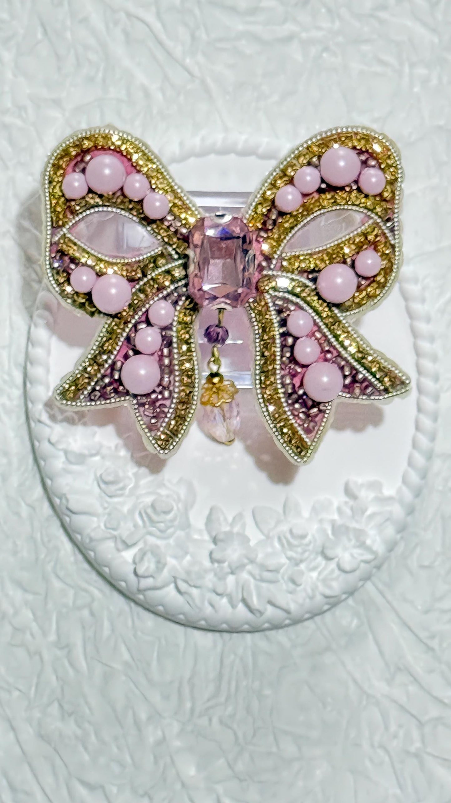 Handmade Pink Bow Brooch: Beaded Crystals & Pearls, Statement Jewelry