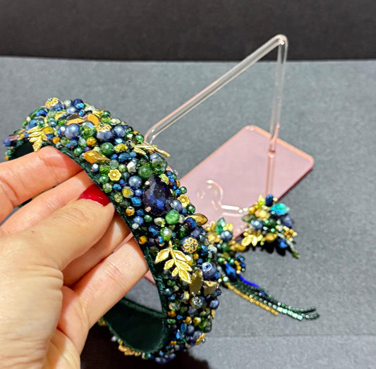 Handmade Green Beaded Headband and Crystal Earrings: Wedding Jewelry Set