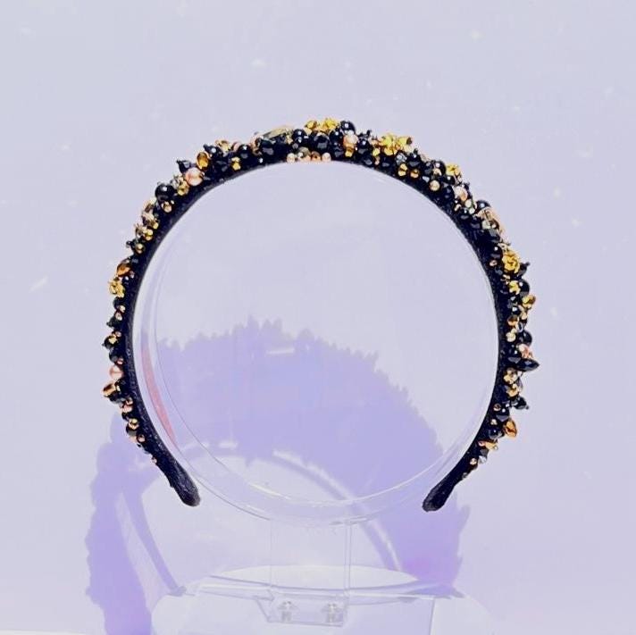Black & Gold Beaded Headband and Earrings Set: Handmade Crystal Jewelry