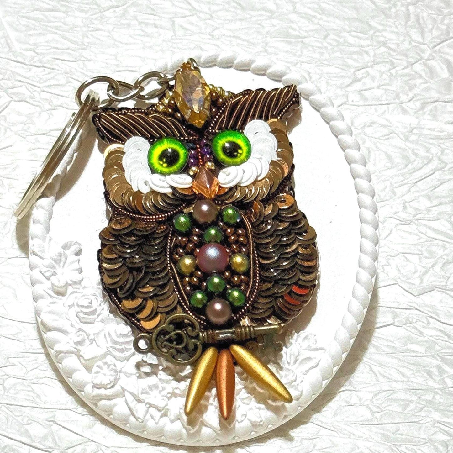 Handmade Beaded Owl Keychain: Pearl & Crystal Bag Charm
