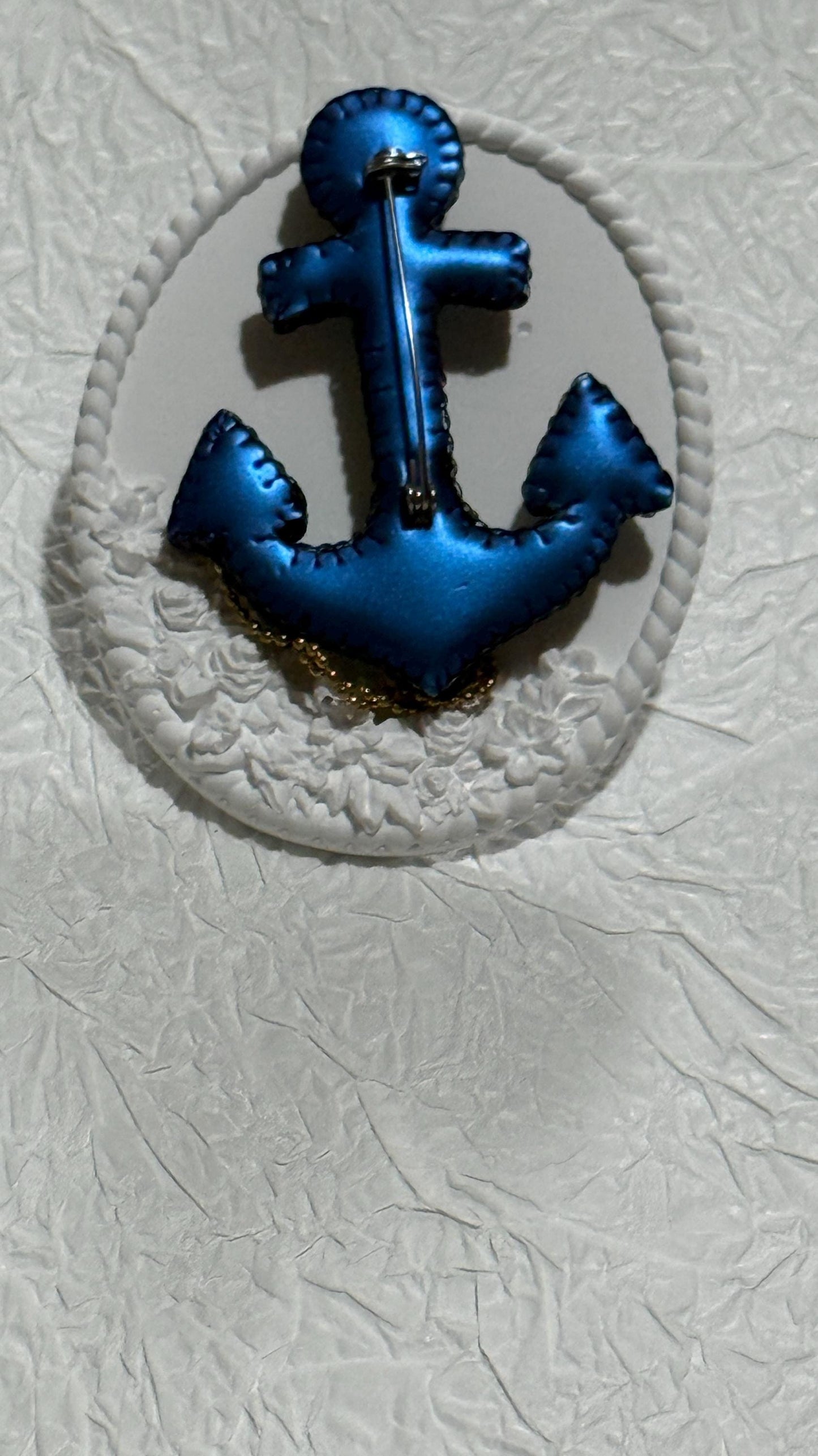 Handmade Beaded Anchor Brooch: Blue Crystal Nautical Pin