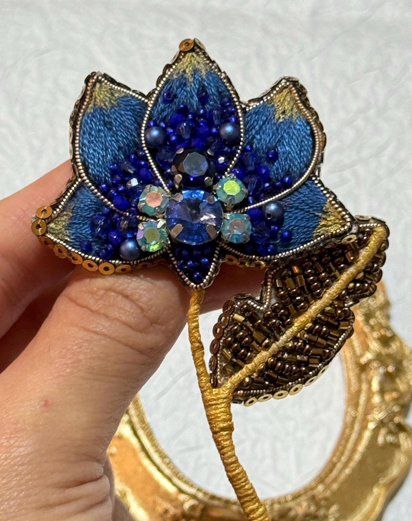 Handmade Blue Lotus Brooch: Beaded Floral Pin with Gold Frame
