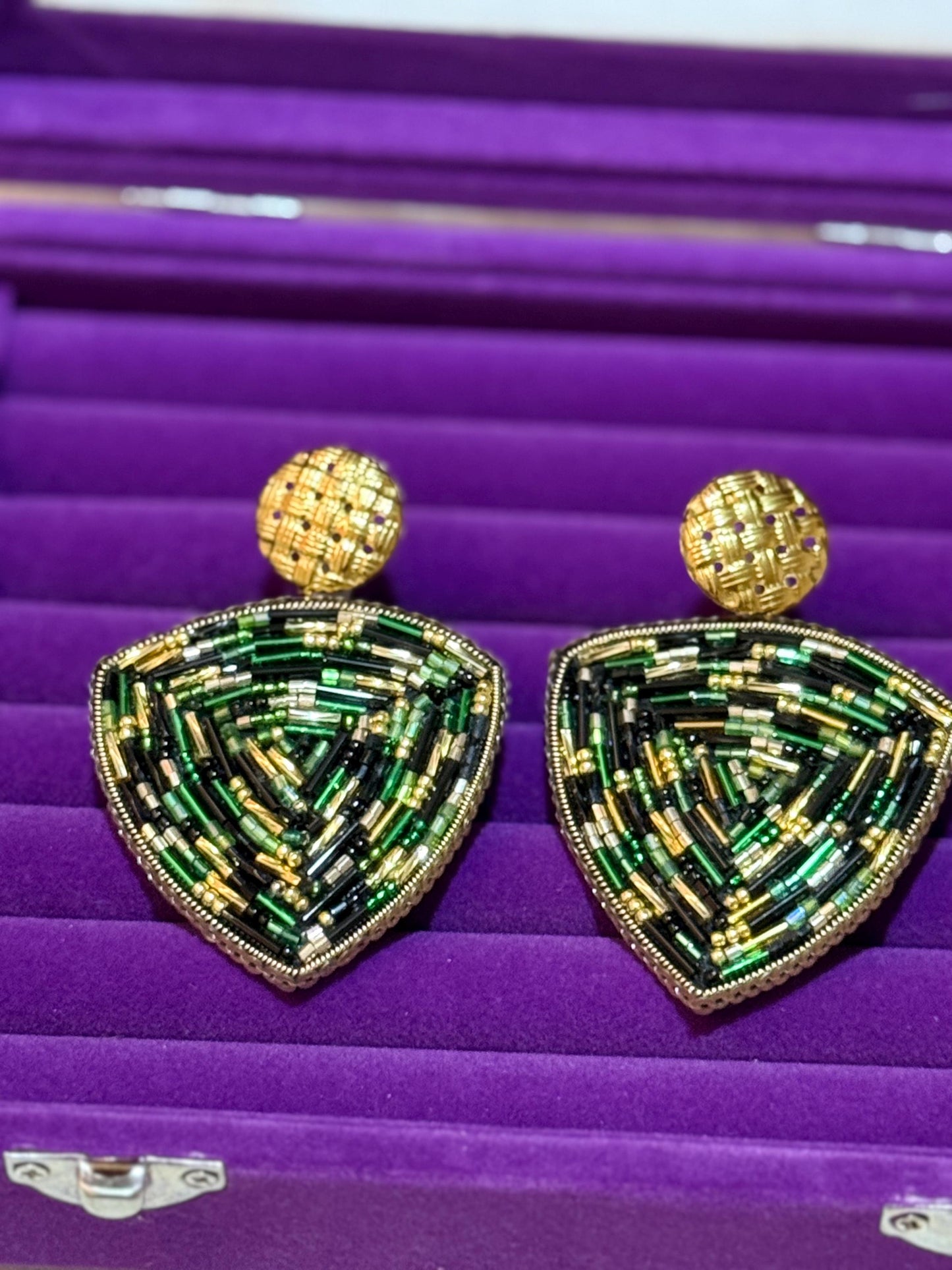 Handmade Beaded Triangle Drop Earrings | Art Deco Statement Jewellery