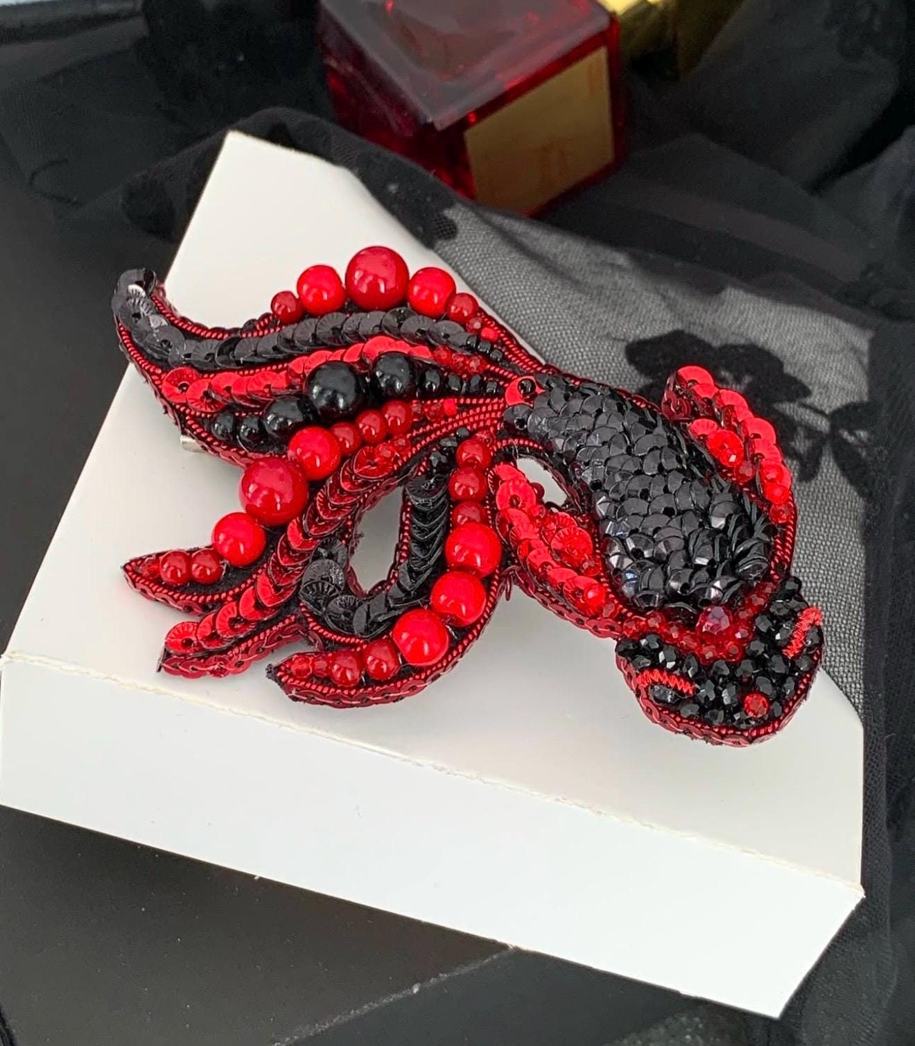 Handmade Beaded Koi Fish Brooch: Embroidered Red & Black Pin