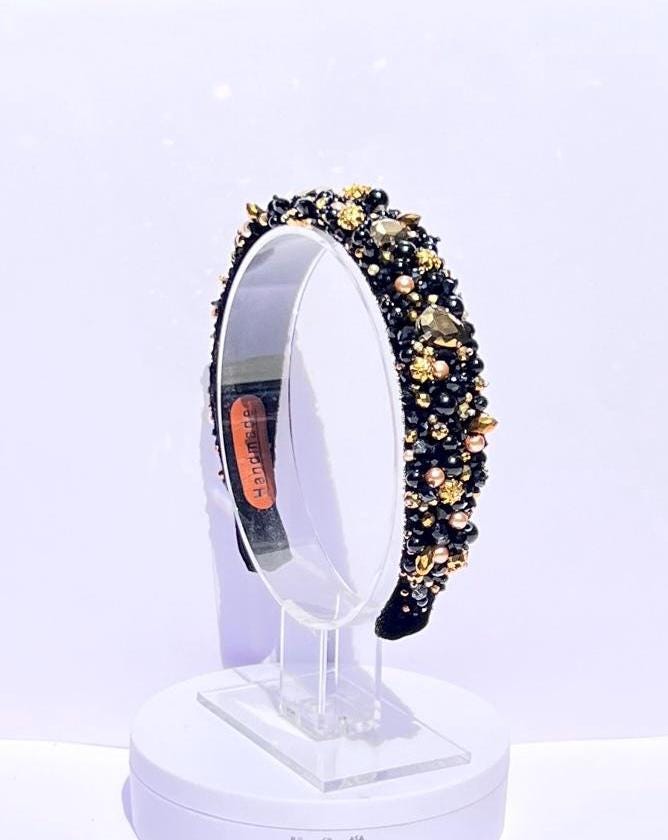 Black & Gold Beaded Headband and Earrings Set: Handmade Crystal Jewelry