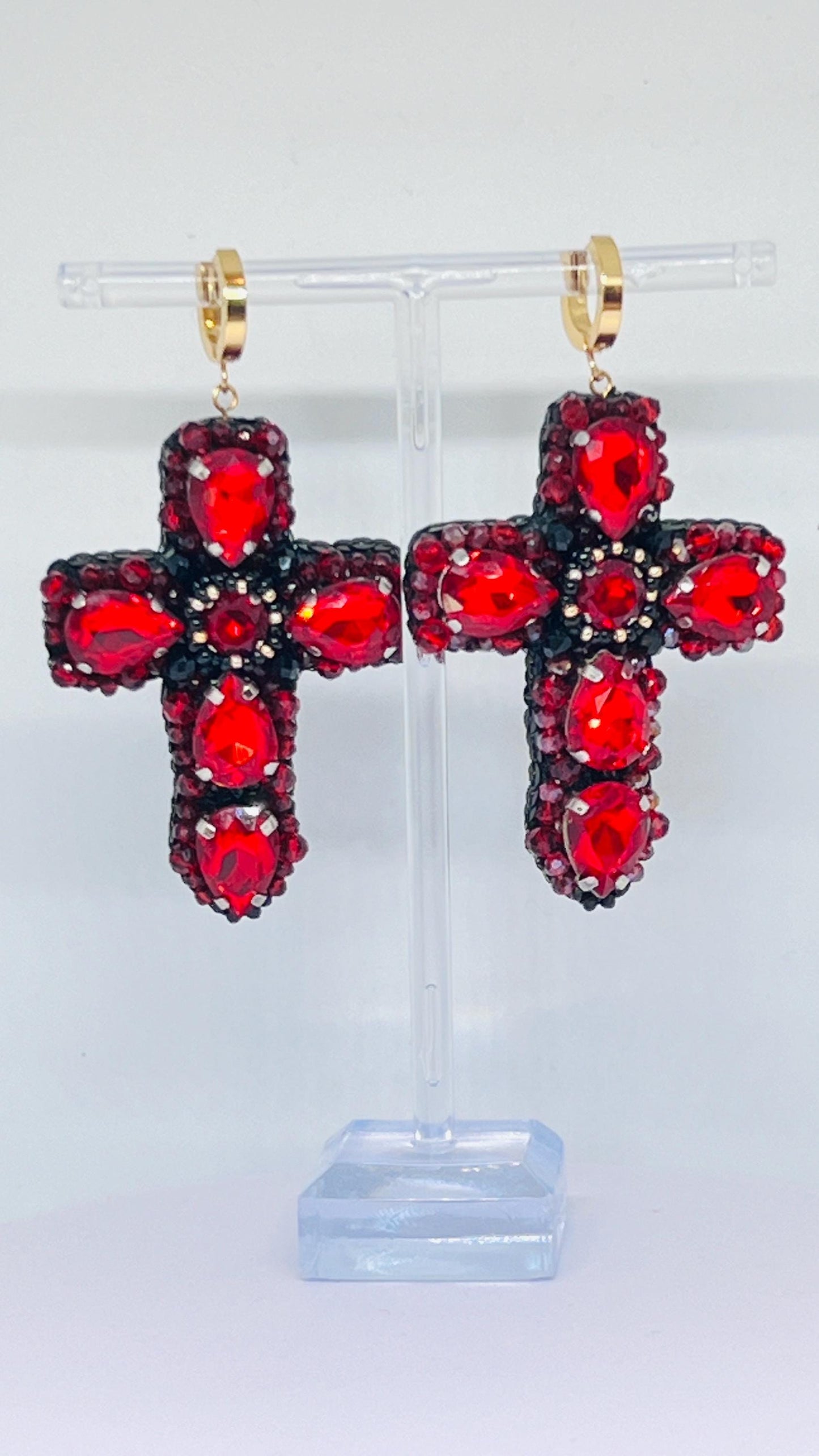 Handmade Red Crystal Cross Earrings: Gothic Religious Jewelry