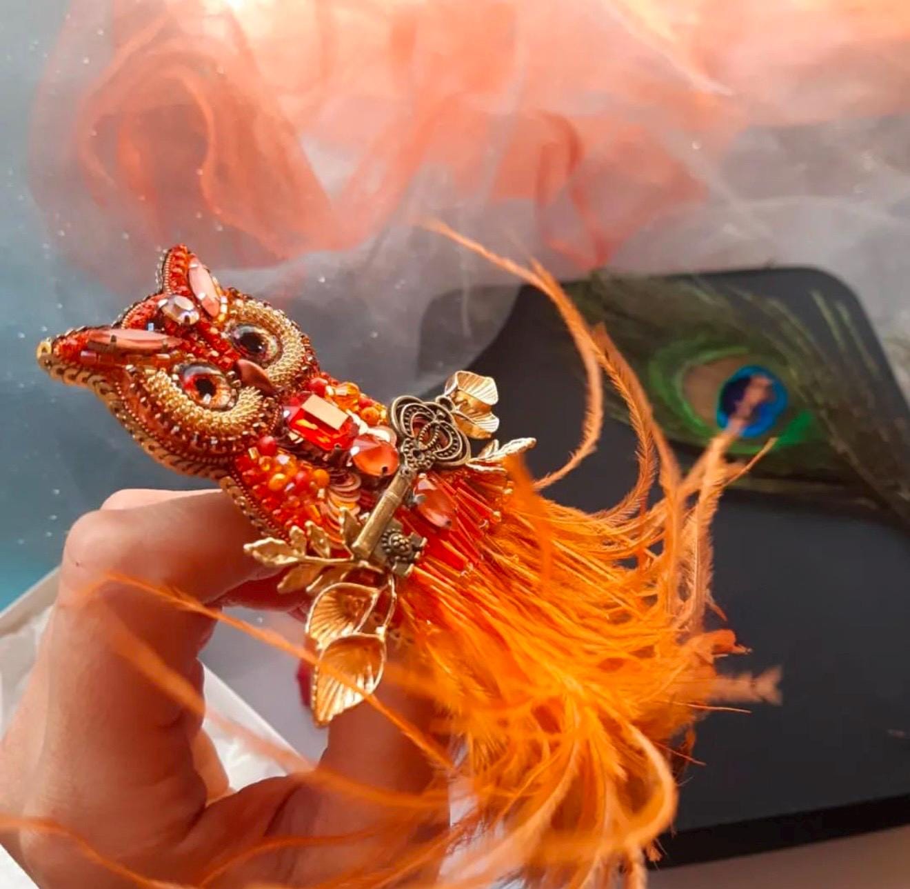 Handcrafted Beaded Owl Brooch: Orange Feathers, Embroidered Key Pin