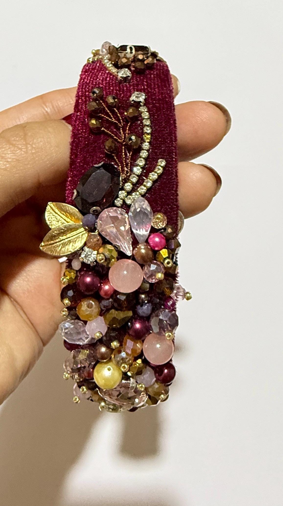 Handmade Velvet Beaded Headband and Earrings: Bridal Crystal Pearl Jewelry