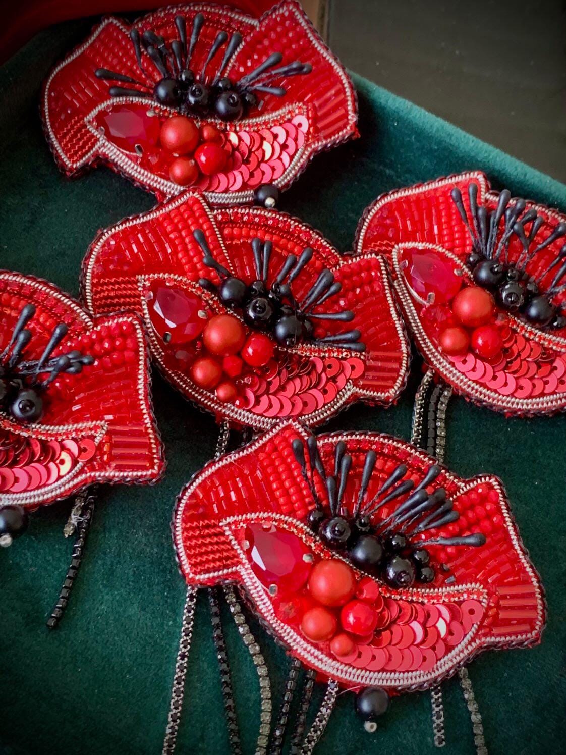Handmade Red Poppy Brooch: Beaded Sequined Remembrance Pin