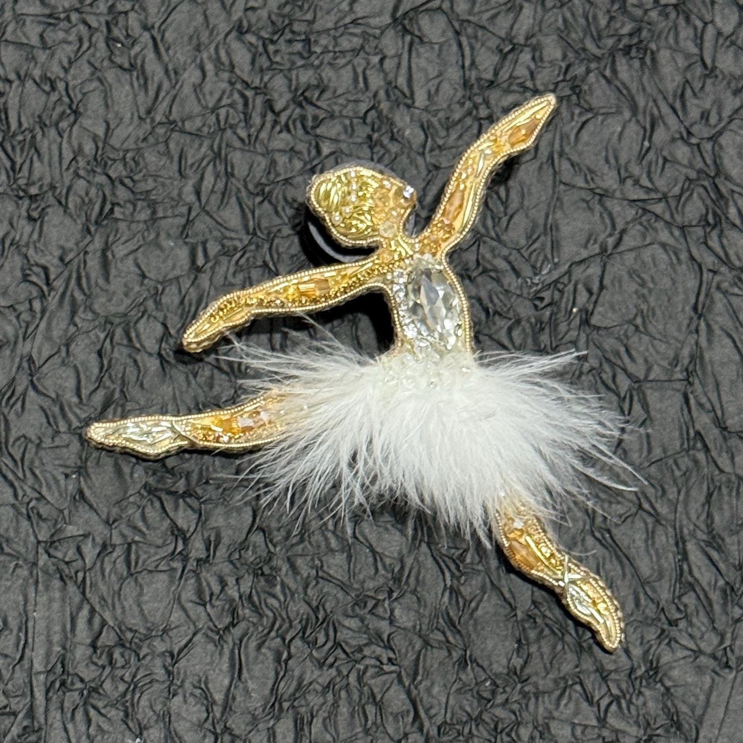 Handmade Beaded Ballerina Brooch: Gold Ballet Dancer Pin with Feather Tutu