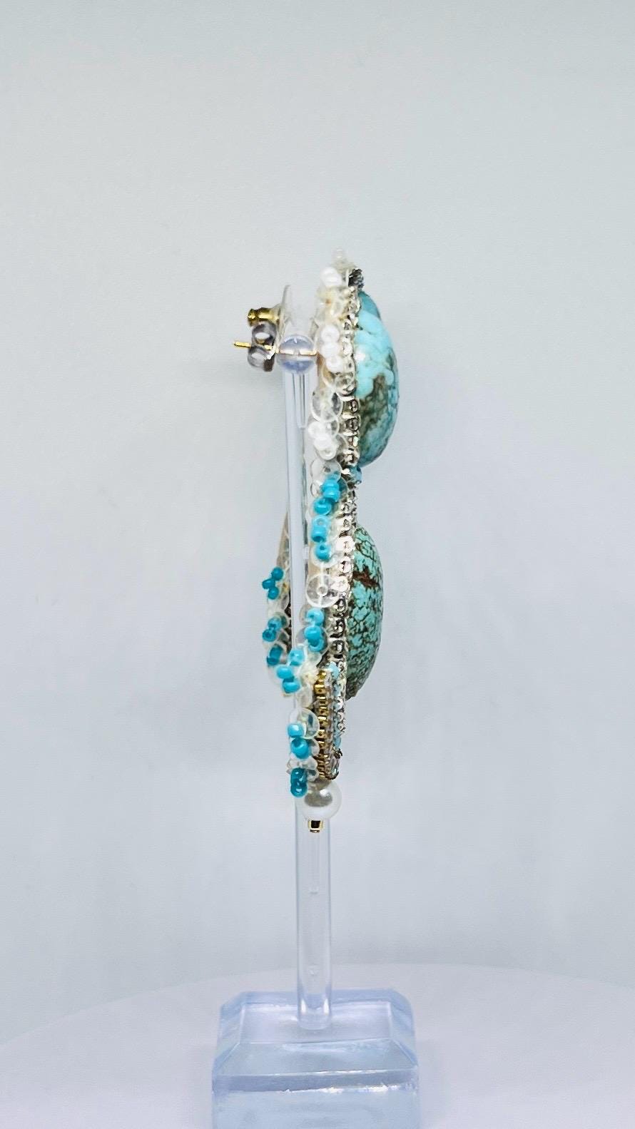 Turquoise Gemstone Statement Earrings - Hand-Beaded Crystal Drop Dangle Earrings