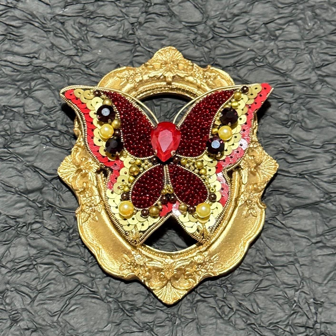 Handmade Red Butterfly Brooch: Beaded Pearl & Crystal Statement Pin