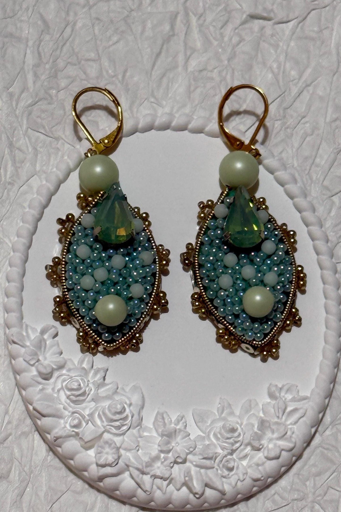 Handmade Beaded Dangle Earrings: Green Swarovski Crystals & Glass Pearls
