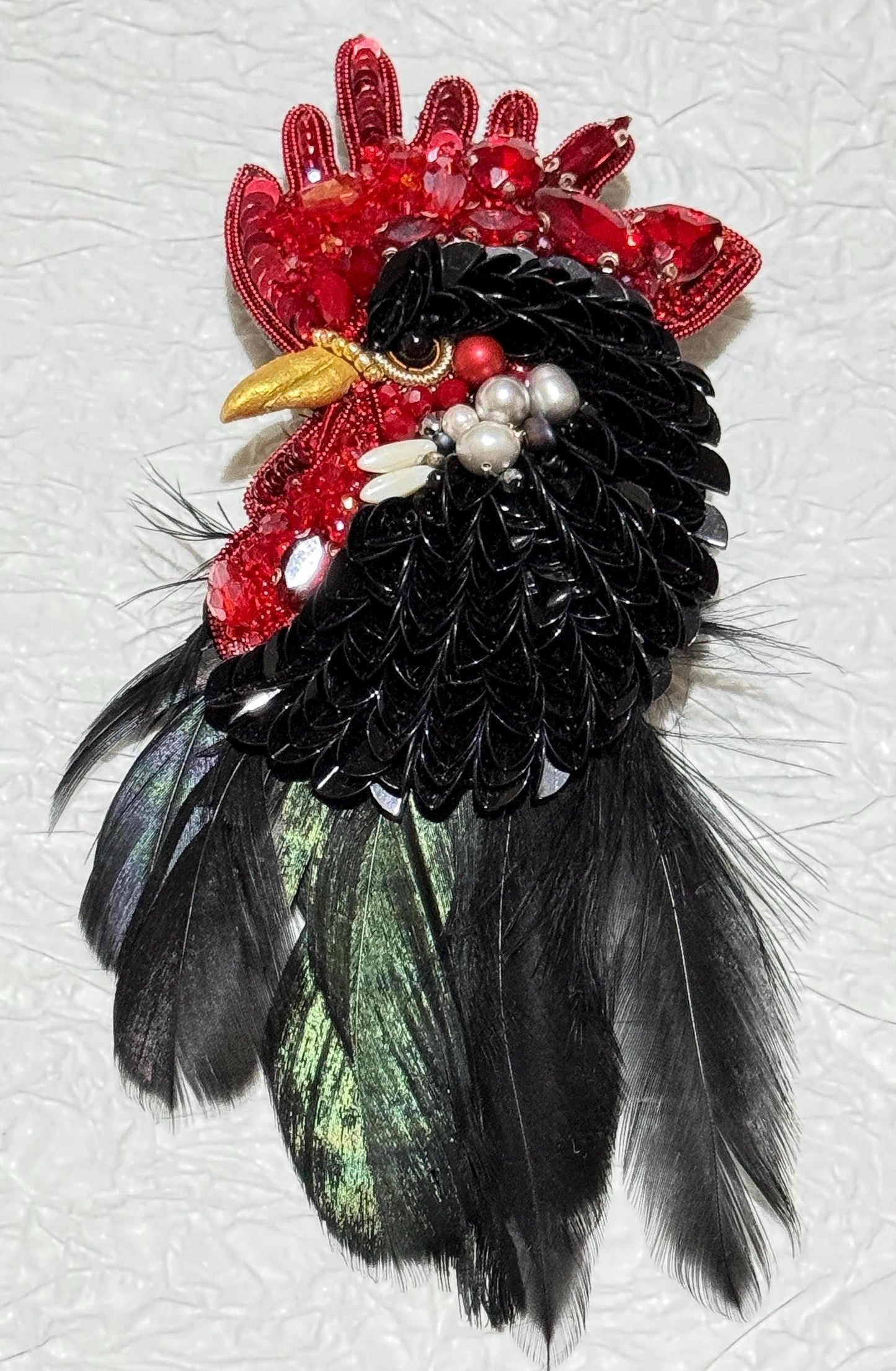 Handmade Beaded Rooster Brooch: Feather Embroidered Farm Pin