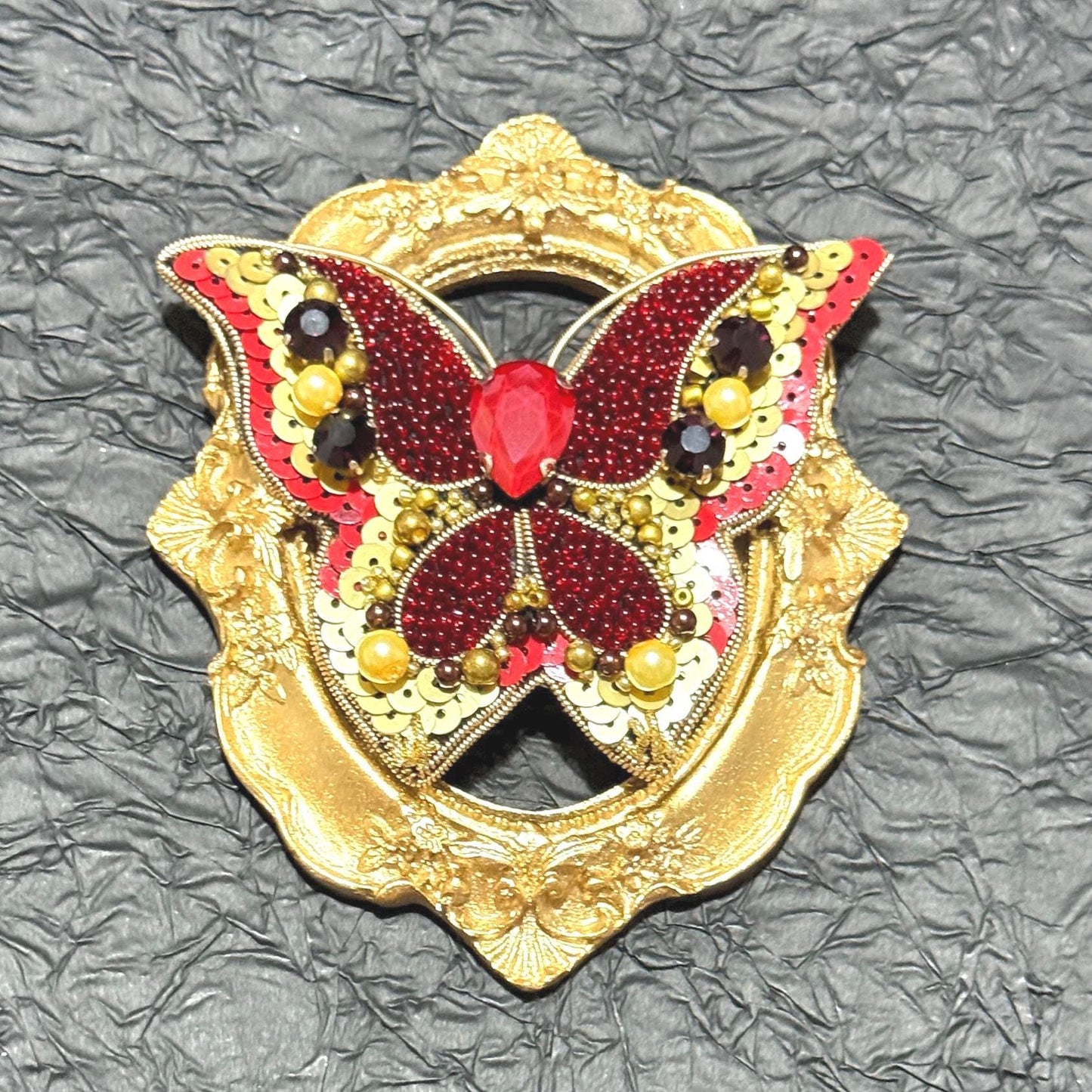 Handmade Red Butterfly Brooch: Beaded Pearl & Crystal Statement Pin