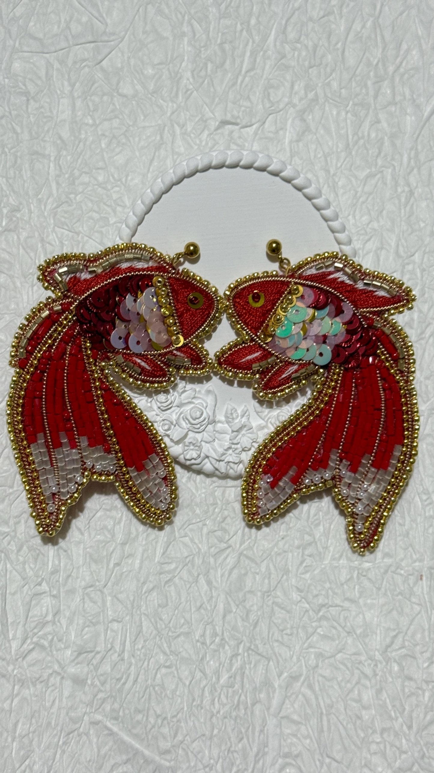 Handmade Beaded Goldfish Earrings: Red Sequin Statement Jewelry