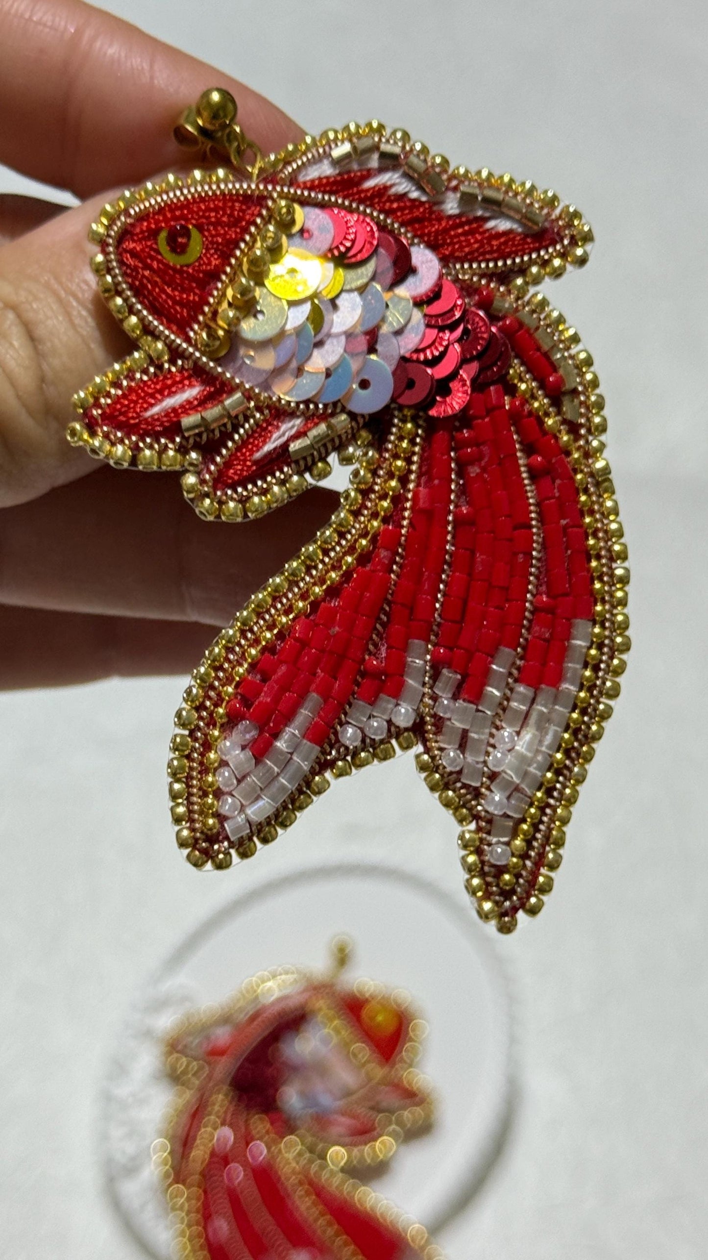 Handmade Beaded Goldfish Earrings: Red Sequin Statement Jewelry