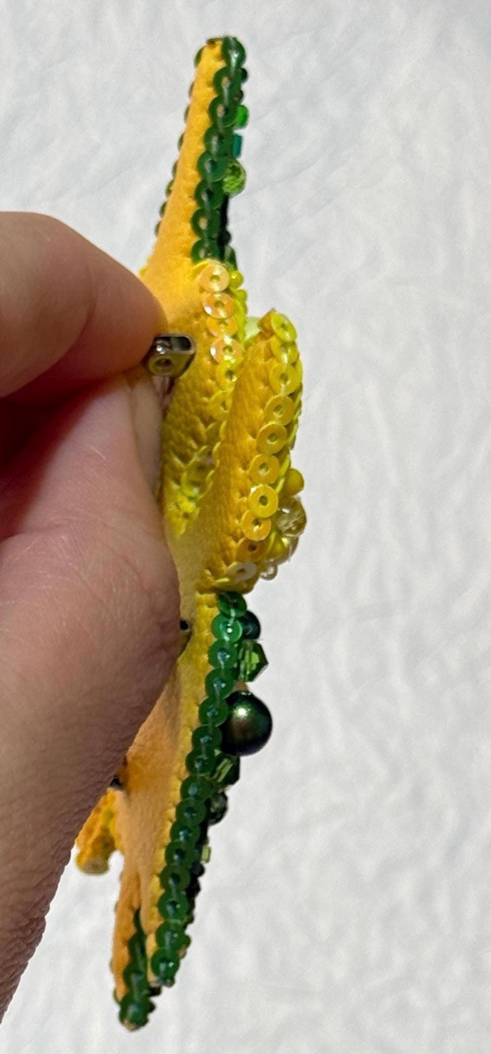 Handcrafted Beaded Iris Brooch: Yellow Floral Pin with Crystals