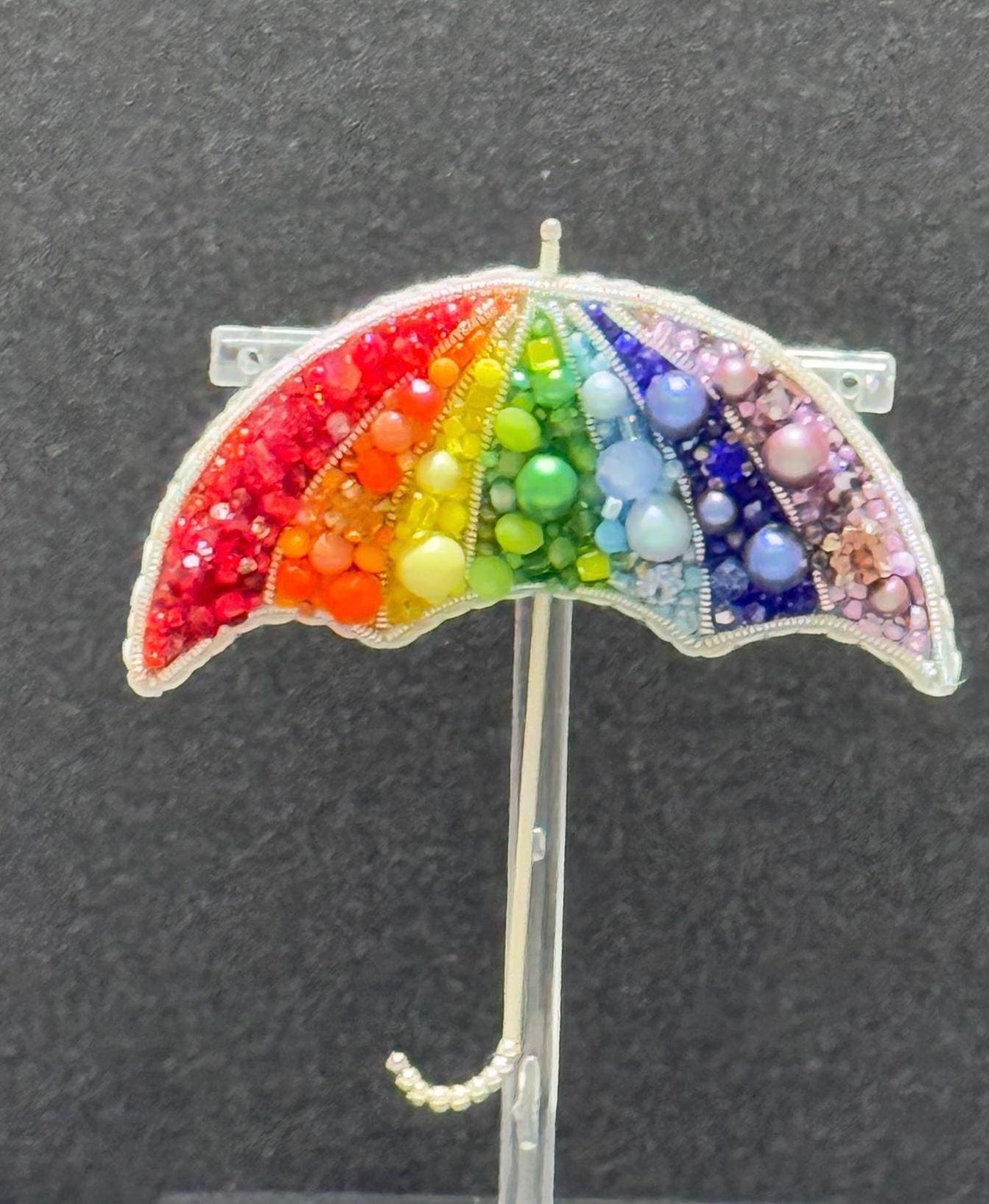Handmade Rainbow Umbrella Brooch: Beaded Pride Pin