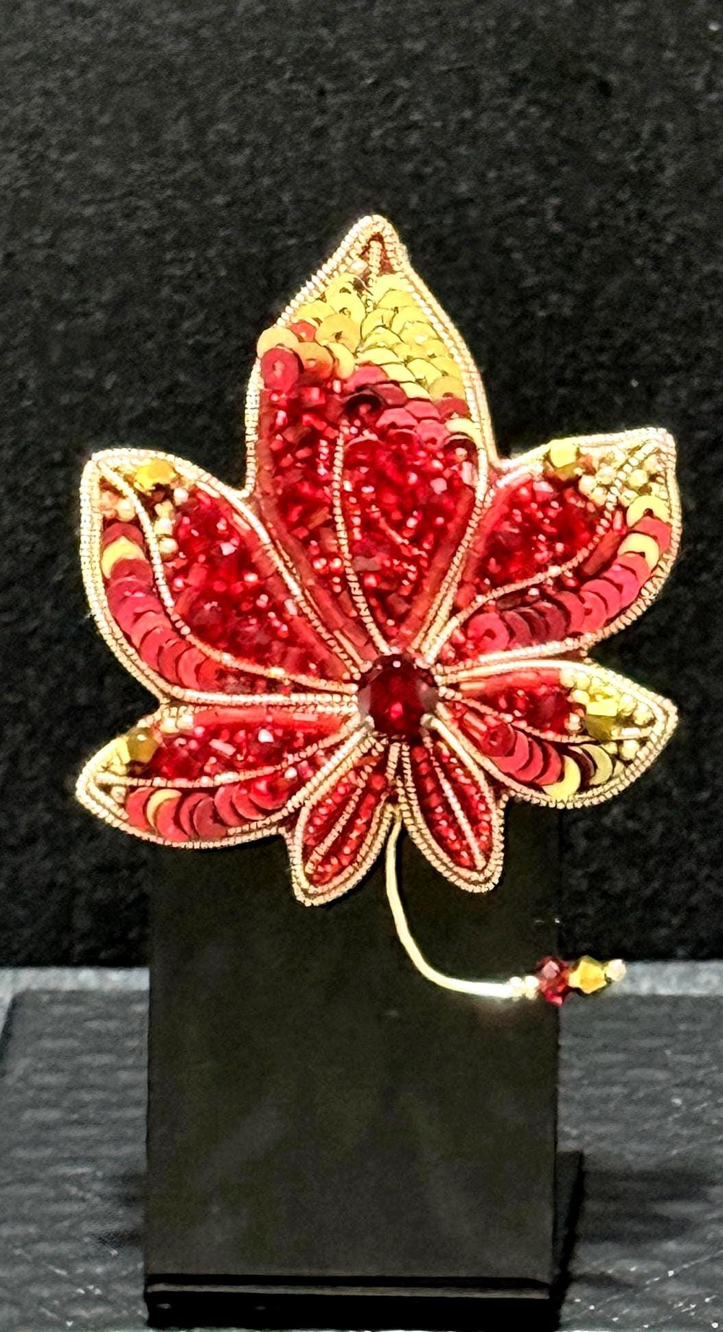 Handmade Beaded Maple Leaf Brooch: Red Crystal Autumn Pin