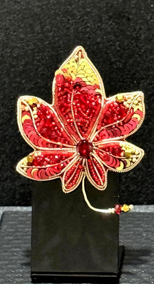 Handmade Beaded Maple Leaf Brooch: Red Crystal Autumn Pin