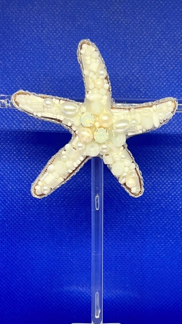 Handmade Beaded Starfish Brooch: Pearl & Crystal Coastal Pin