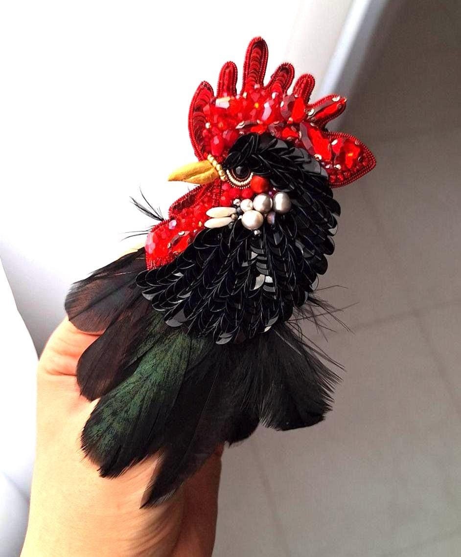 Handmade Beaded Rooster Brooch: Feather Embroidered Farm Pin